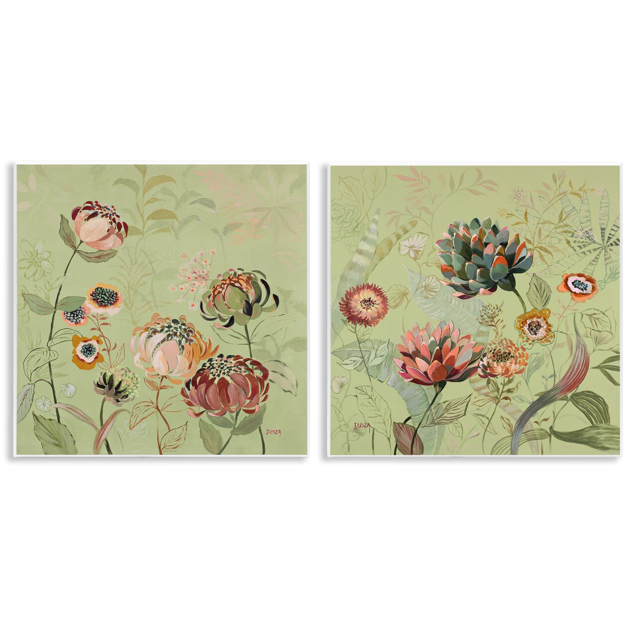 Stupell Industries Chrysanthemums on Olive Green 2pc Wall Plaque Set Design by Dusza